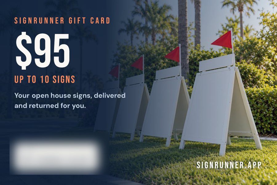 A SignRunner gift card worth $95, good for up to 10 signs, with its code blurred